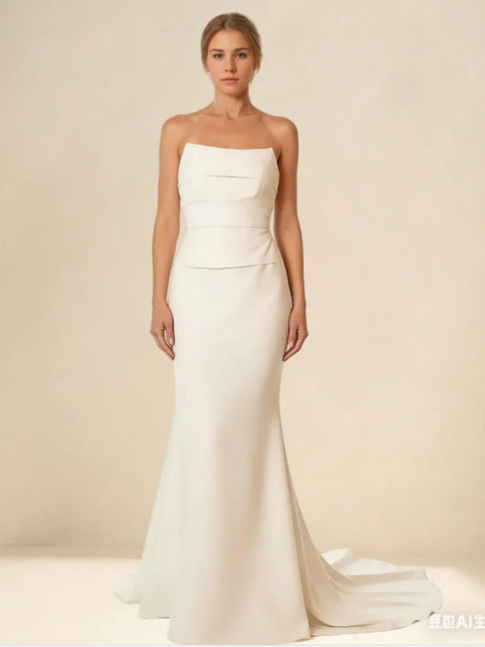 Strapless Straight-Neck Wedding Dress with Tiered Bodice & Lace-Up Back
