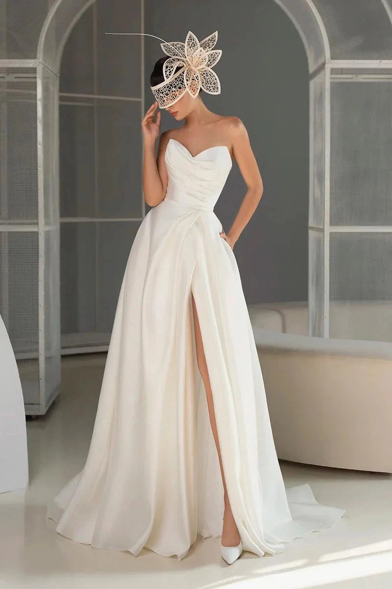 Strapless Sweetheart Neck Satin A-Line Wedding Dress with High Slit & Cathedral Train by YiHuiw