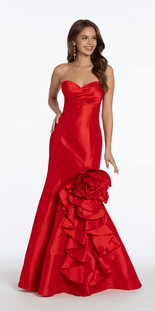 Strapless Sweetheart Neck Satin Mermaid Evening Dresses with Oversized 3D Floral Ruffle Detail