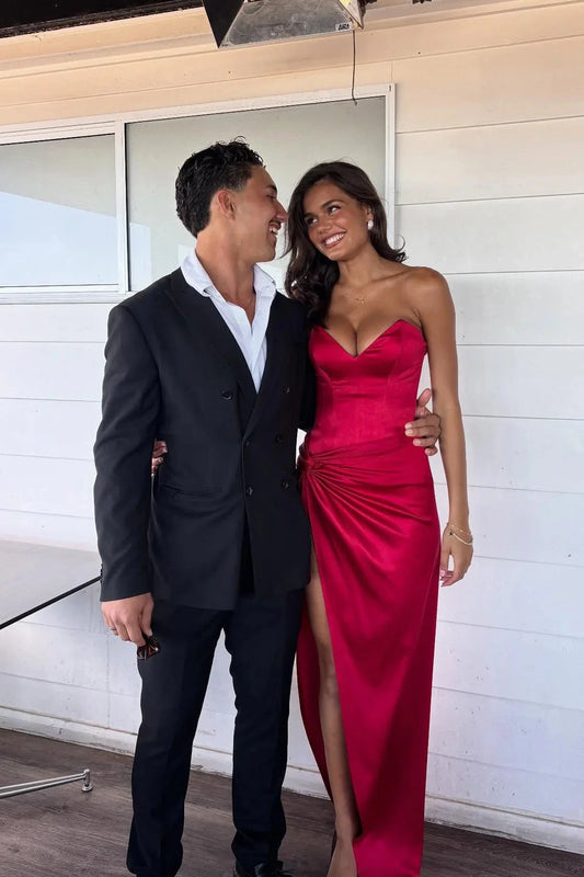Strapless Sweetheart Satin Prom Dress Ruched Waist High Slit Backless Bodycon Long Formal Evening Gown by JiMiss Dresses