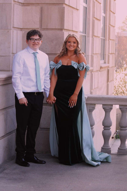 Strapless Velvet Prom Dress with Contrast Bow Detail & Detachable Overskirt by JiMiss Dresses