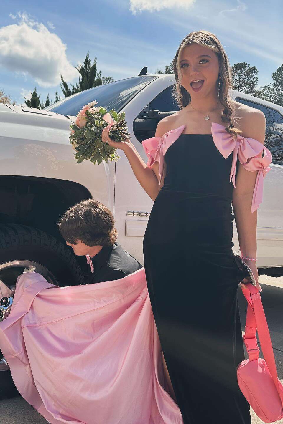 Strapless Velvet Prom Dress with Contrast Bow Detail & Detachable Overskirt by JiMiss Dresses
