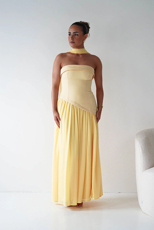 Yellow Strapless Chiffon Draped Floor-Length Wedding Dress - Yihuiw by Yihuiw