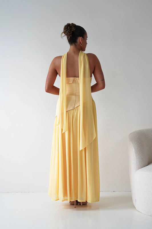 Yellow Strapless Chiffon Draped Floor-Length Wedding Dress - Yihuiw by Yihuiw