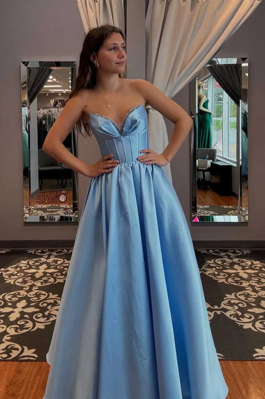 Light Blue Satin A-Line Prom Dress with Sweetheart Neckline and Bow Detail