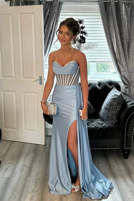 Satin Corset Prom Dresses Beaded Strapless High Slit Train Formal Evening Gown by JiMiss Dresses