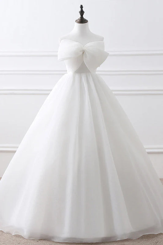 Strapless Organza Wedding Dresses with Oversized Front Bow, Lace-Up Corset Back and Voluminous Ball Dress Silhouette Bridal Dress