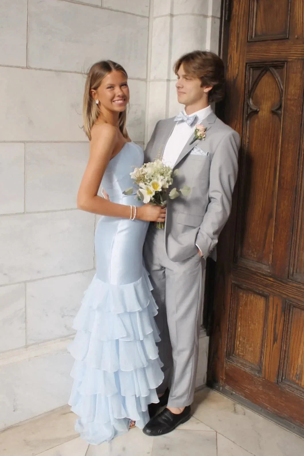 Strapless Satin Prom Dress with Layered Ruffle Mermaid Skirt & Mini Train by JiMiss Dresses