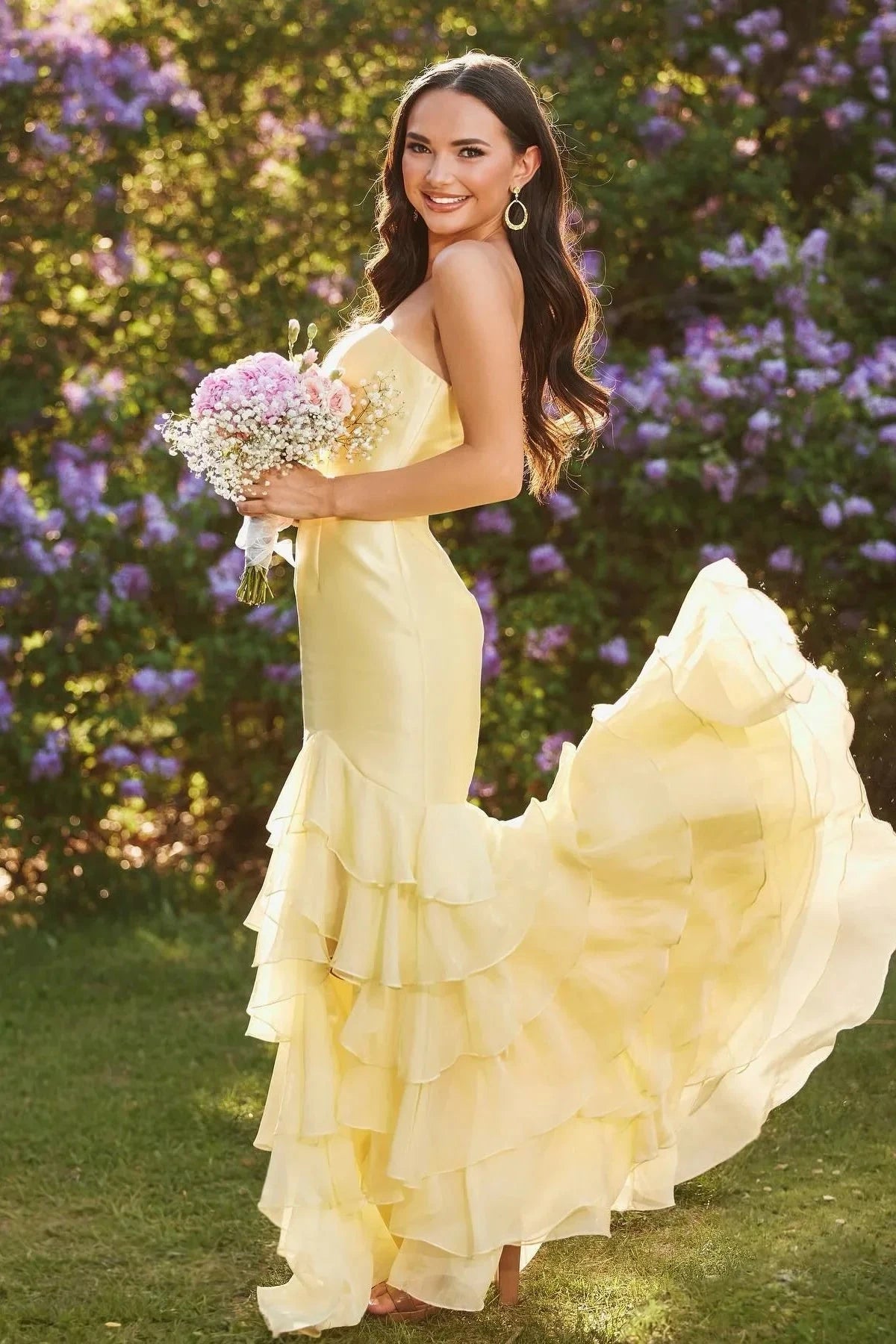 Strapless Satin Prom Dress with Layered Ruffle Mermaid Skirt & Mini Train by JiMiss Dresses