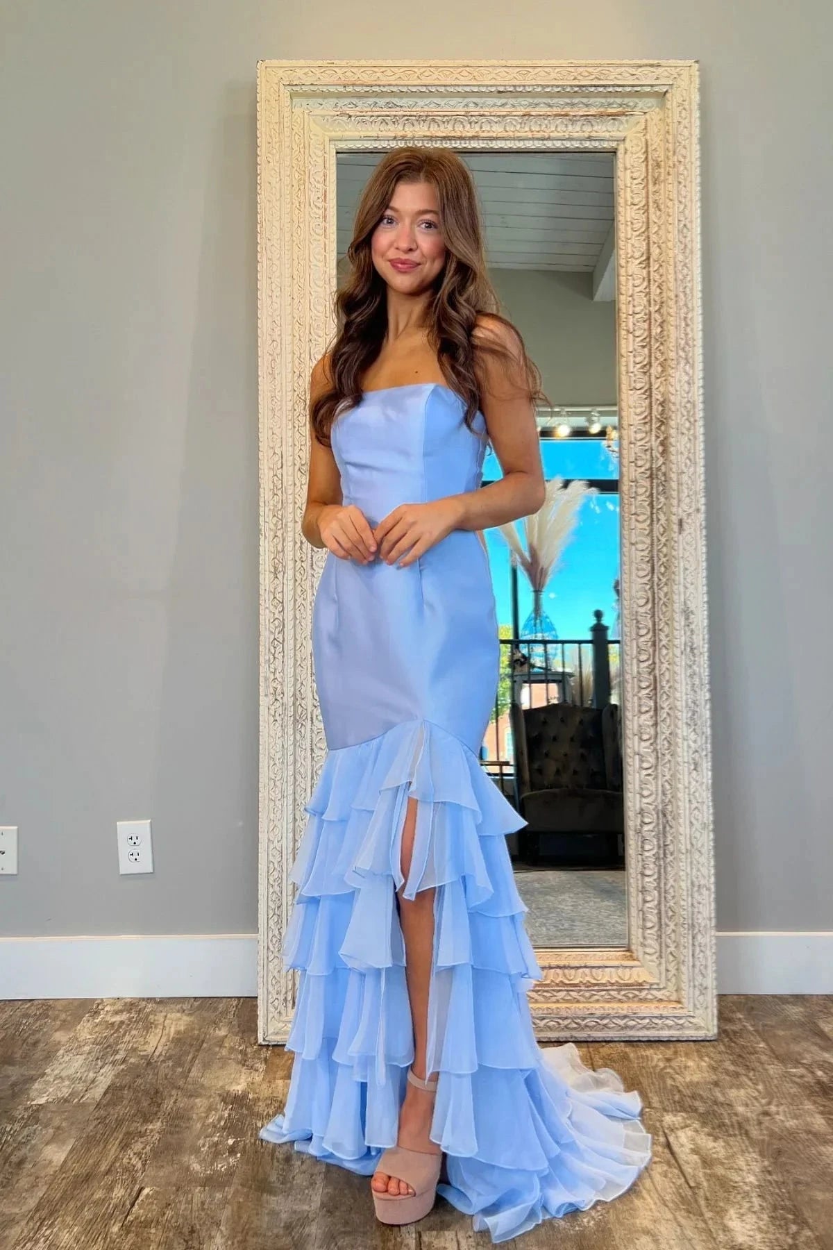 Strapless Satin Prom Dress with Layered Ruffle Mermaid Skirt & Mini Train by JiMiss Dresses