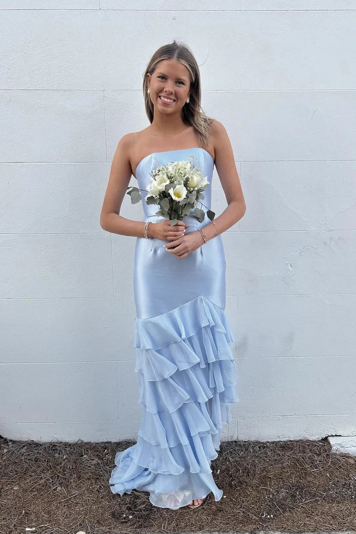 Strapless Satin Prom Dress with Layered Ruffle Mermaid Skirt & Mini Train by JiMiss Dresses