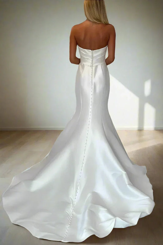 Strapless Satin Wedding Dresses with Sweetheart Neck, Mermaid Silhouette and Buttoned Train Bridal Dress