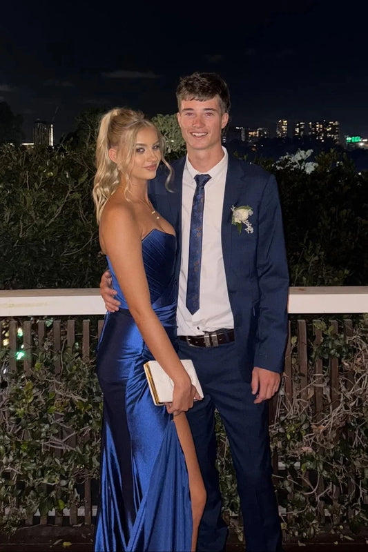 Strapless Sweetheart Satin Prom Dress with Pleated Bodice, High Slit & Sweep Train by JiMiss Dresses