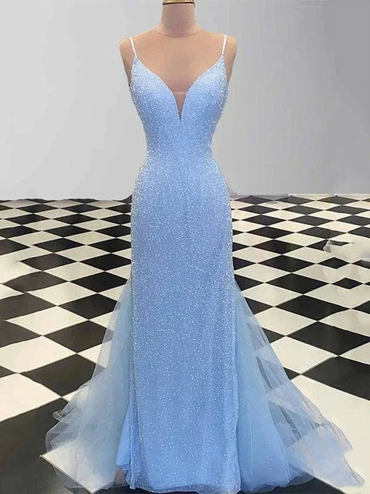 Straps Light Blue Sequin Prom Dresses simple gentle atmospheric and unique desi Bring summer colors to enhance whiteness by YiHuiw