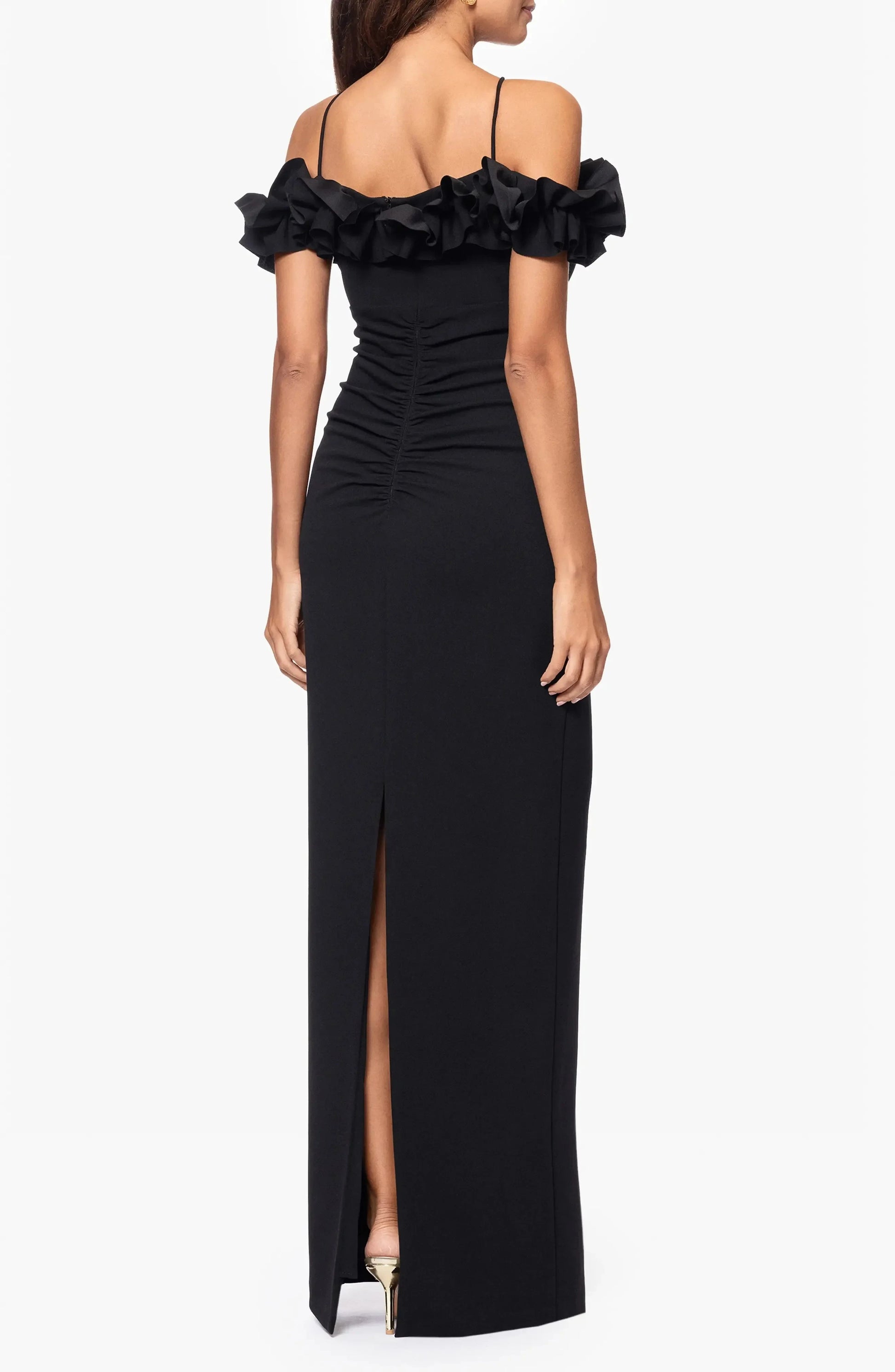 Streamlined Sheath Cold Shoulder Ruffled Sleeve Slit Back Floor Length For Sale Evening Dress by YiHuiw