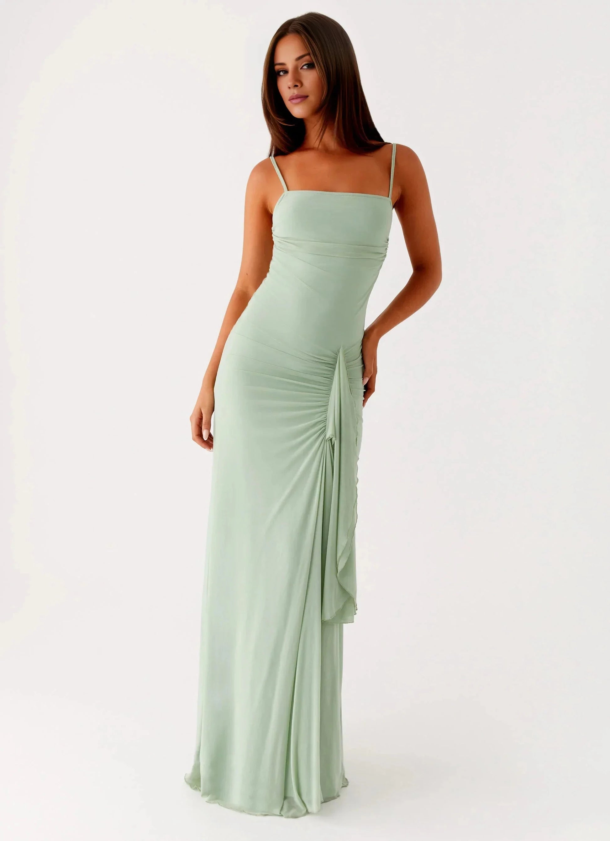 Streamlined A-Line Square-Neck Sleeveless Backless Ruched Floor-Length Prom Dress by YiHuiw