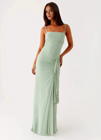 Streamlined A-Line Square-Neck Sleeveless Backless Ruched Floor-Length Prom Dress by YiHuiw
