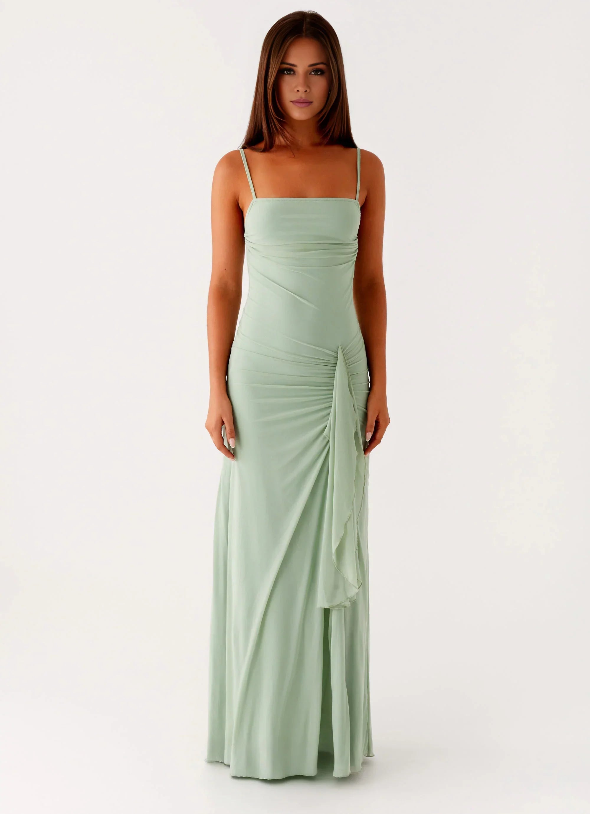 Streamlined A-Line Square-Neck Sleeveless Backless Ruched Floor-Length Prom Dress