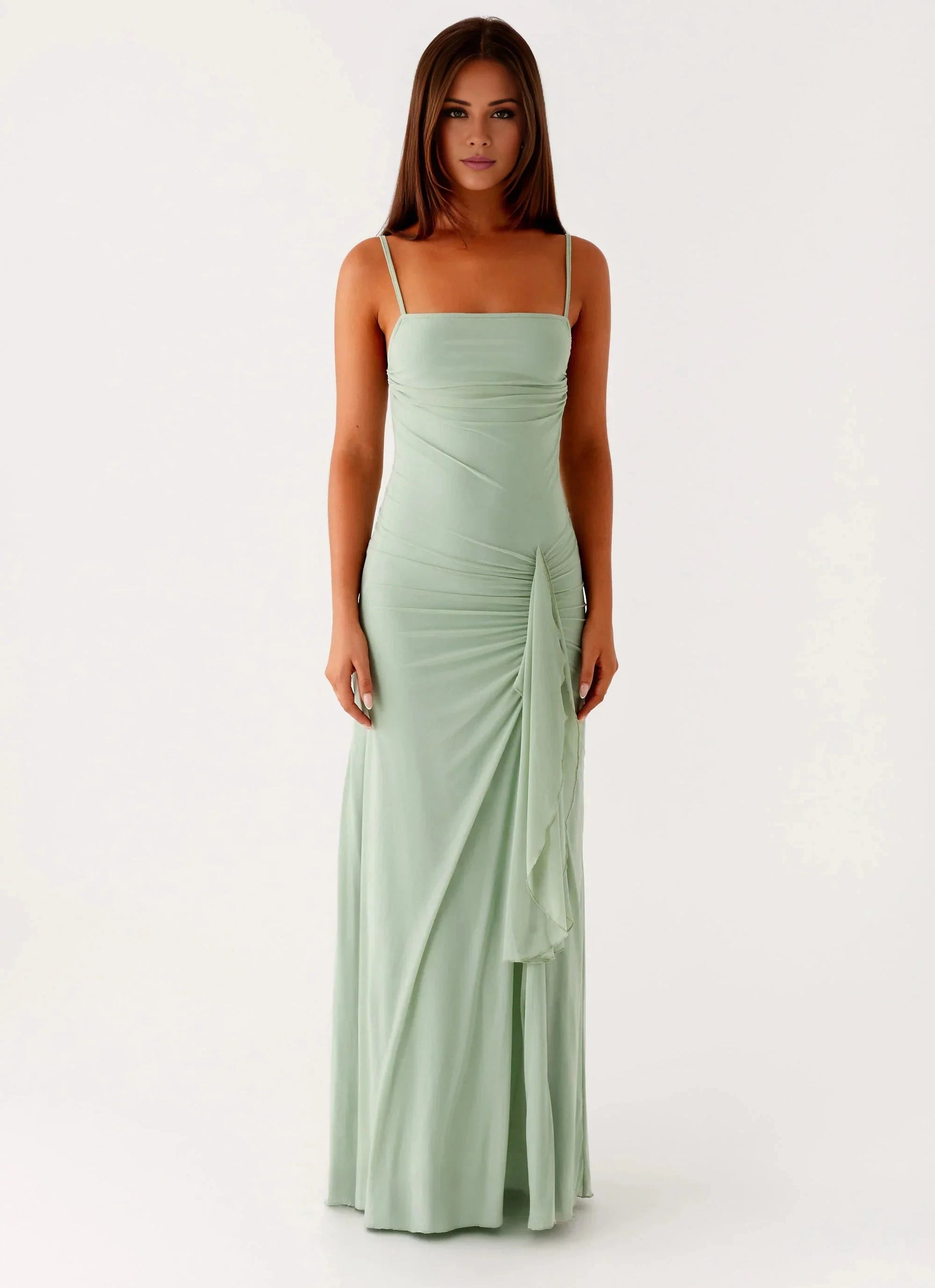 Streamlined A-Line Square-Neck Sleeveless Backless Ruched Floor-Length Prom Dress by YiHuiw