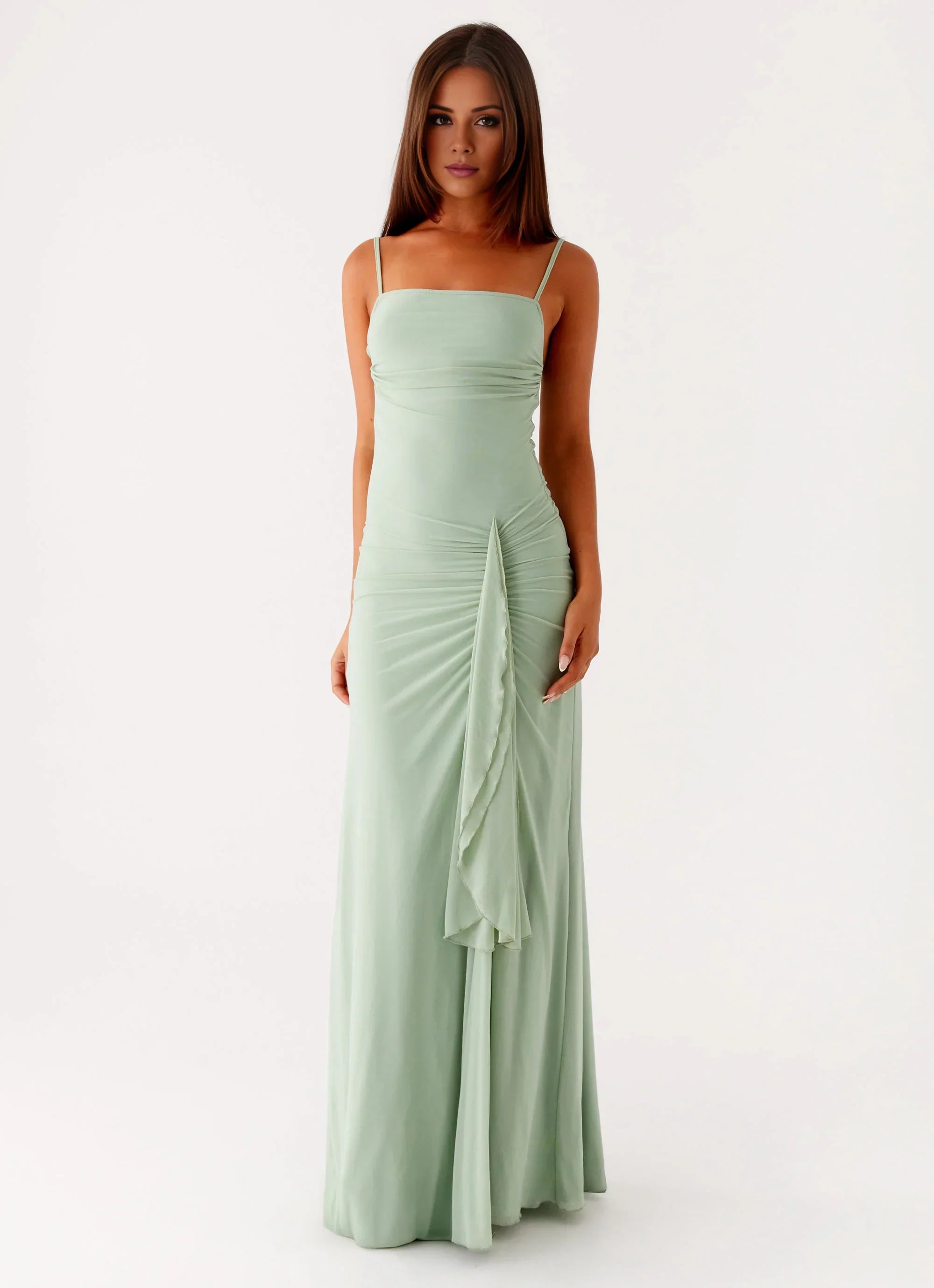 Streamlined A-Line Square-Neck Sleeveless Backless Ruched Floor-Length Prom Dress