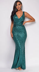 Streamlined Mermaid V Neck Sleeveless Plunging Open-Back Floor-Length Evening Dress
