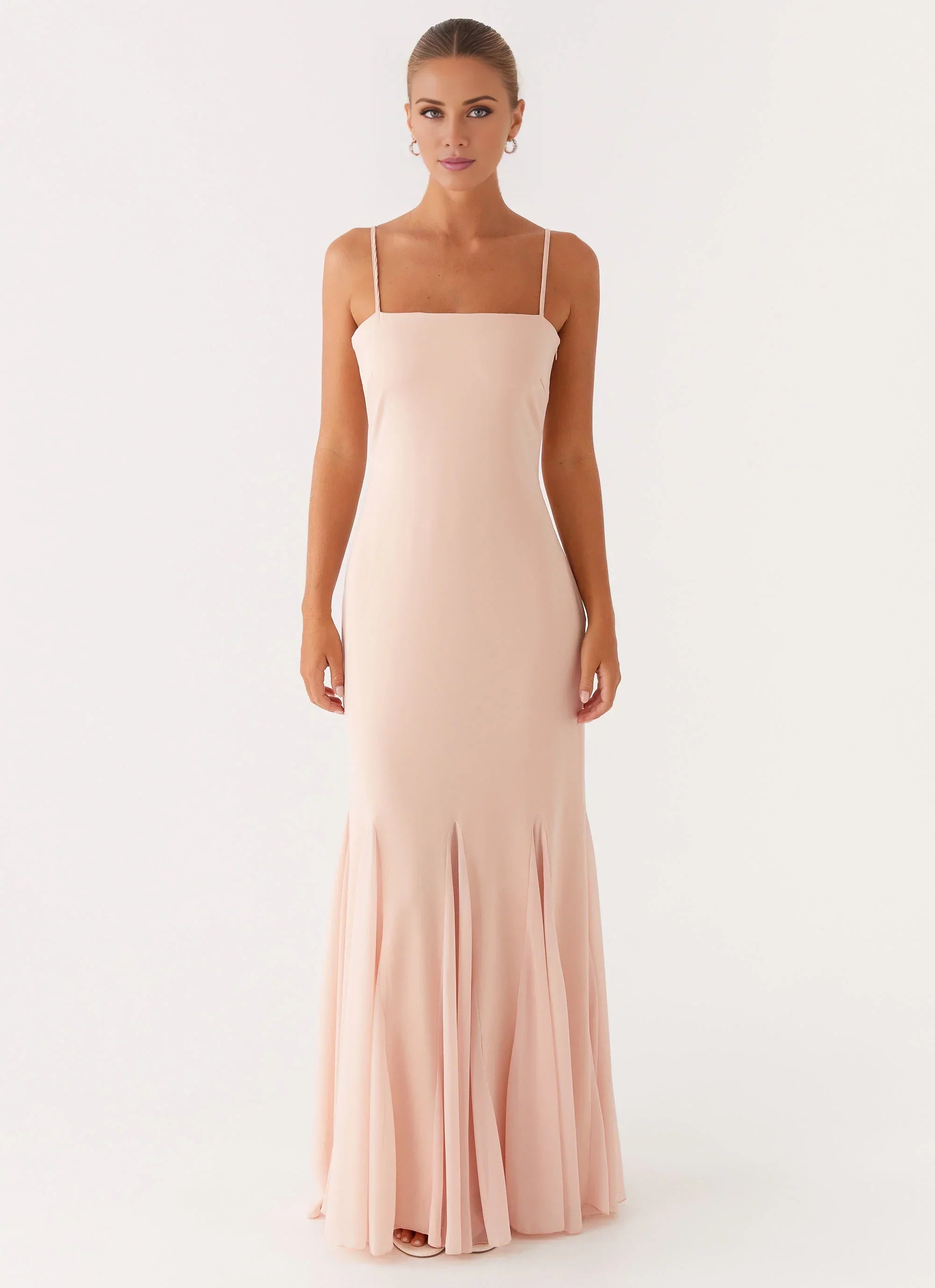 Streamlined Off the Shoulder Neck Sleeveless Spaghetti-Strap Mermaid Floor-Length Prom Dress