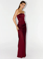 Streamlined Off the Shoulder Neck Strapless Ruched Satin Mermaid Floor-Length Prom Dress
