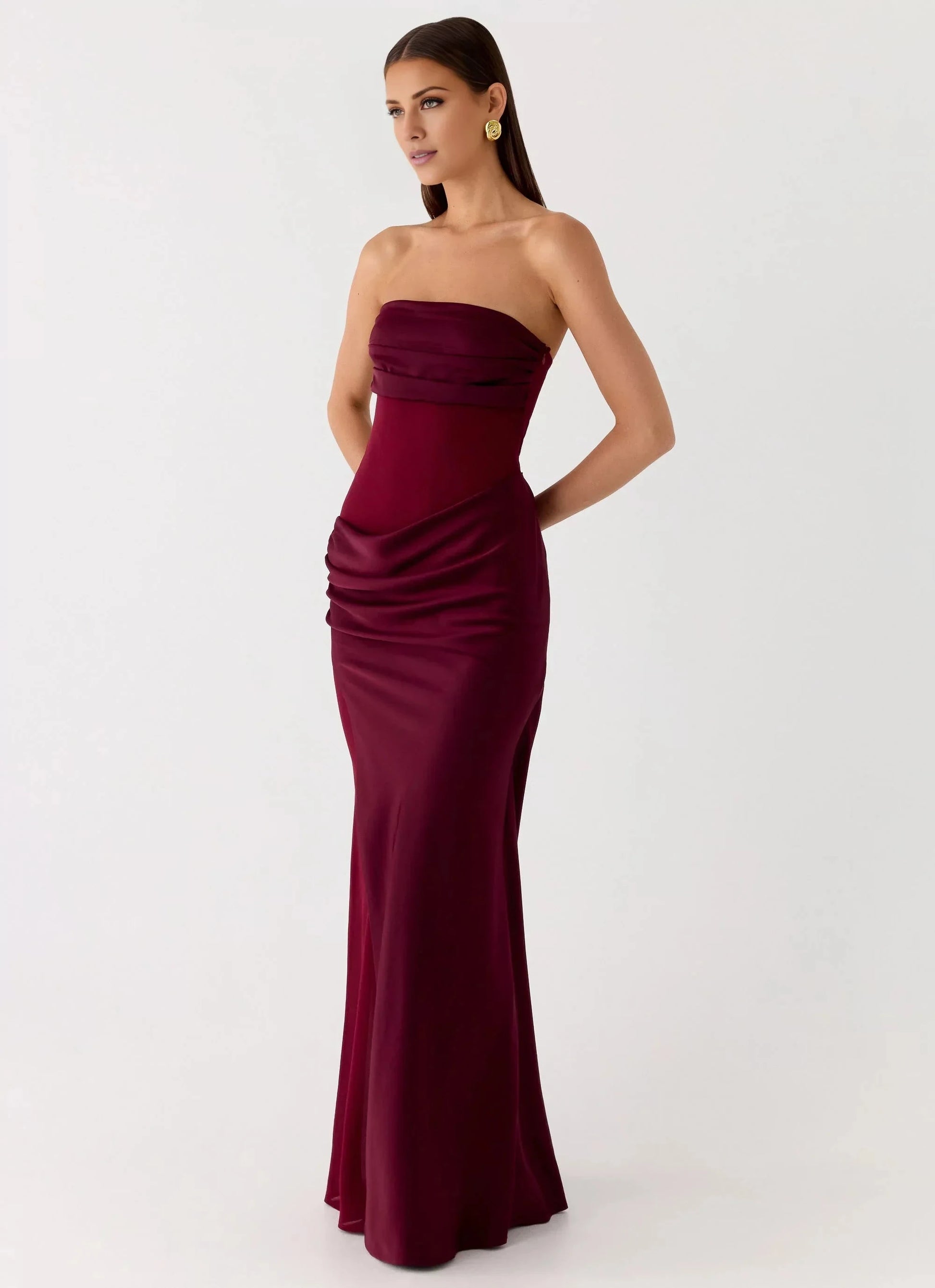 Streamlined Off the Shoulder Neck Strapless Ruched Satin Mermaid Floor-Length Prom Dress by YiHuiw
