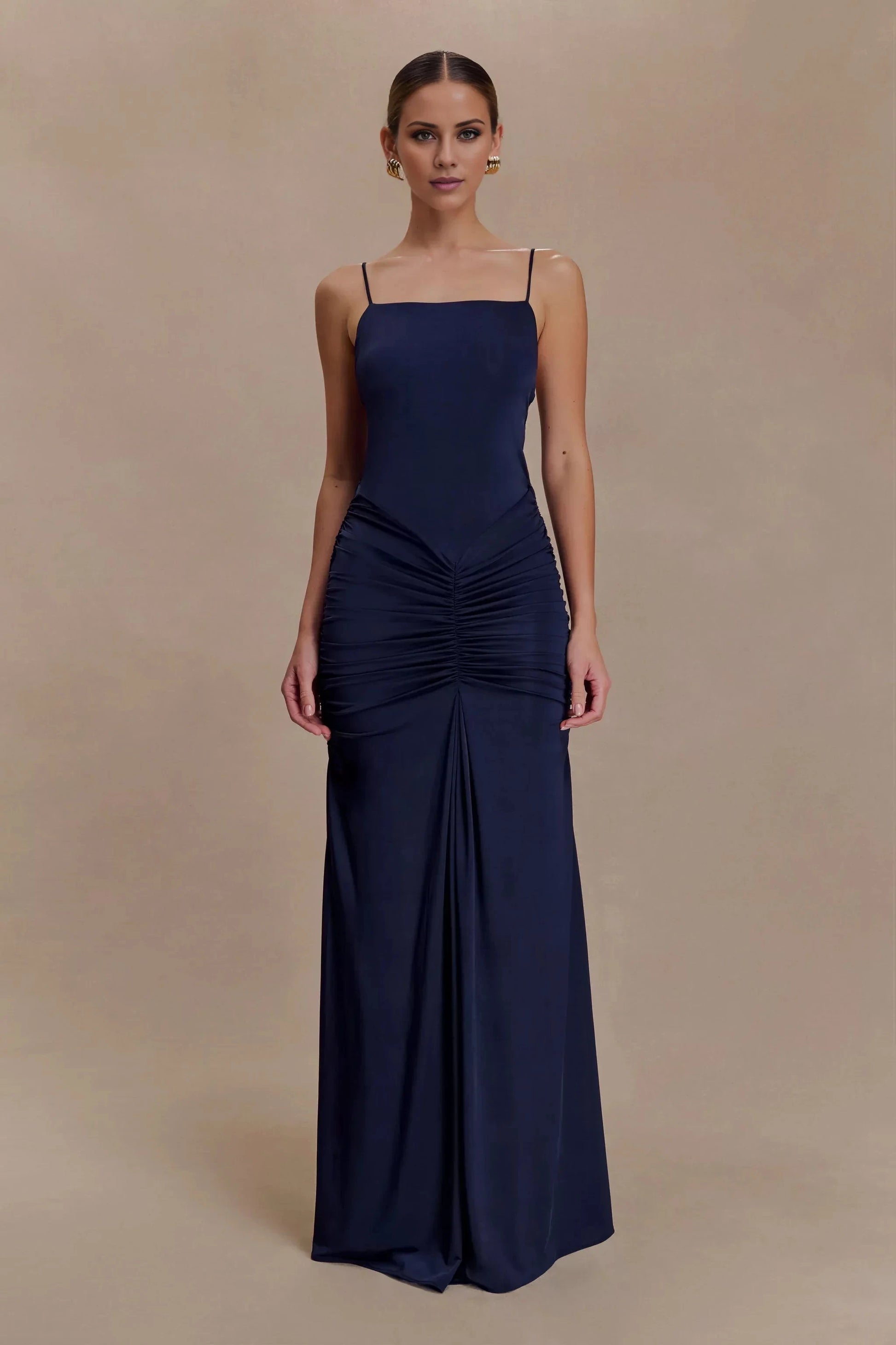 Streamlined Satin Spaghetti-Strap Square Neck Ruched Open-Back Floor-Length Evening Dress by YiHuiw