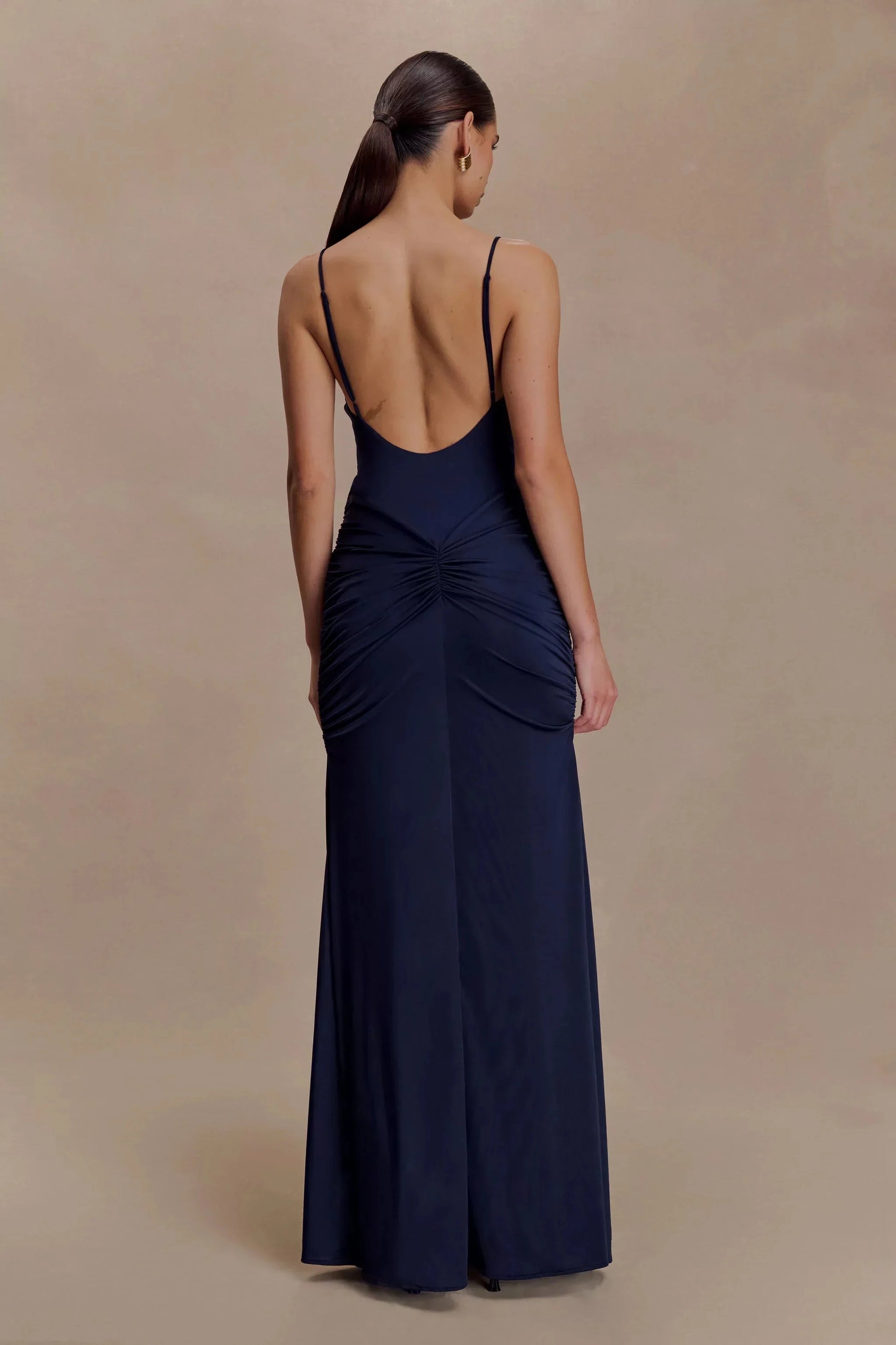 Streamlined Satin Spaghetti-Strap Square Neck Ruched Open-Back Floor-Length Evening Dress by YiHuiw