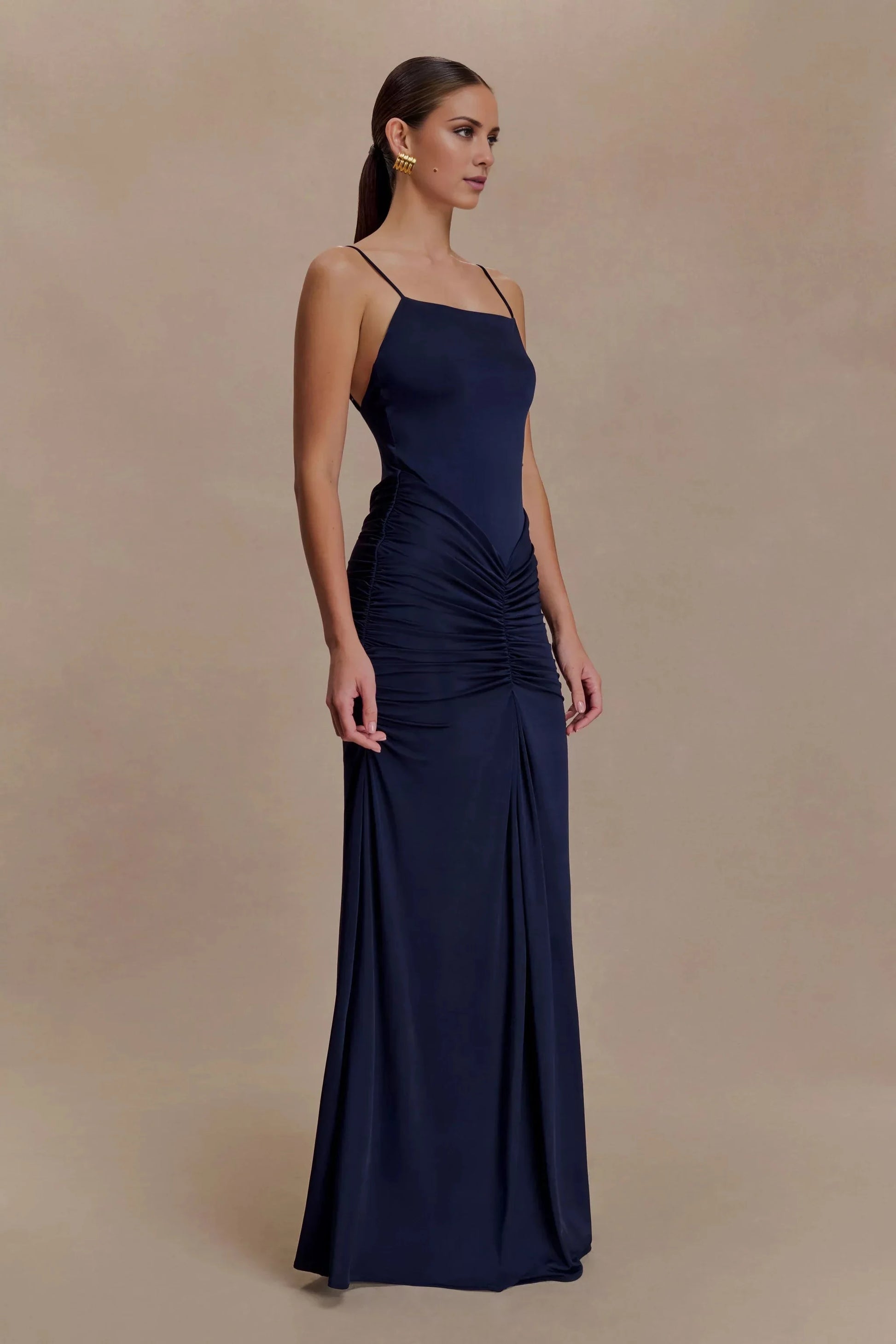 Streamlined Satin Spaghetti-Strap Square Neck Ruched Open-Back Floor-Length Evening Dress by YiHuiw