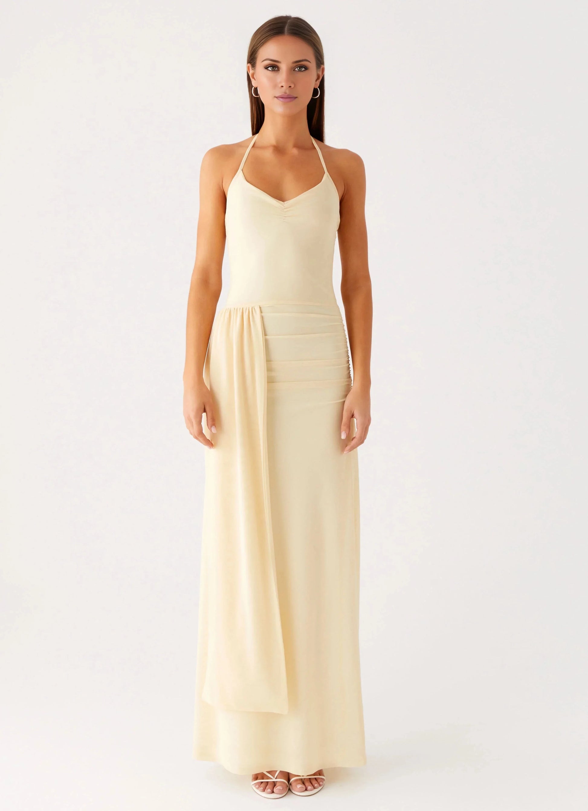 Streamlined Sheath Halter Neck Lace Up Ruched Overlay Floor-Length Prom Dress by YiHuiw