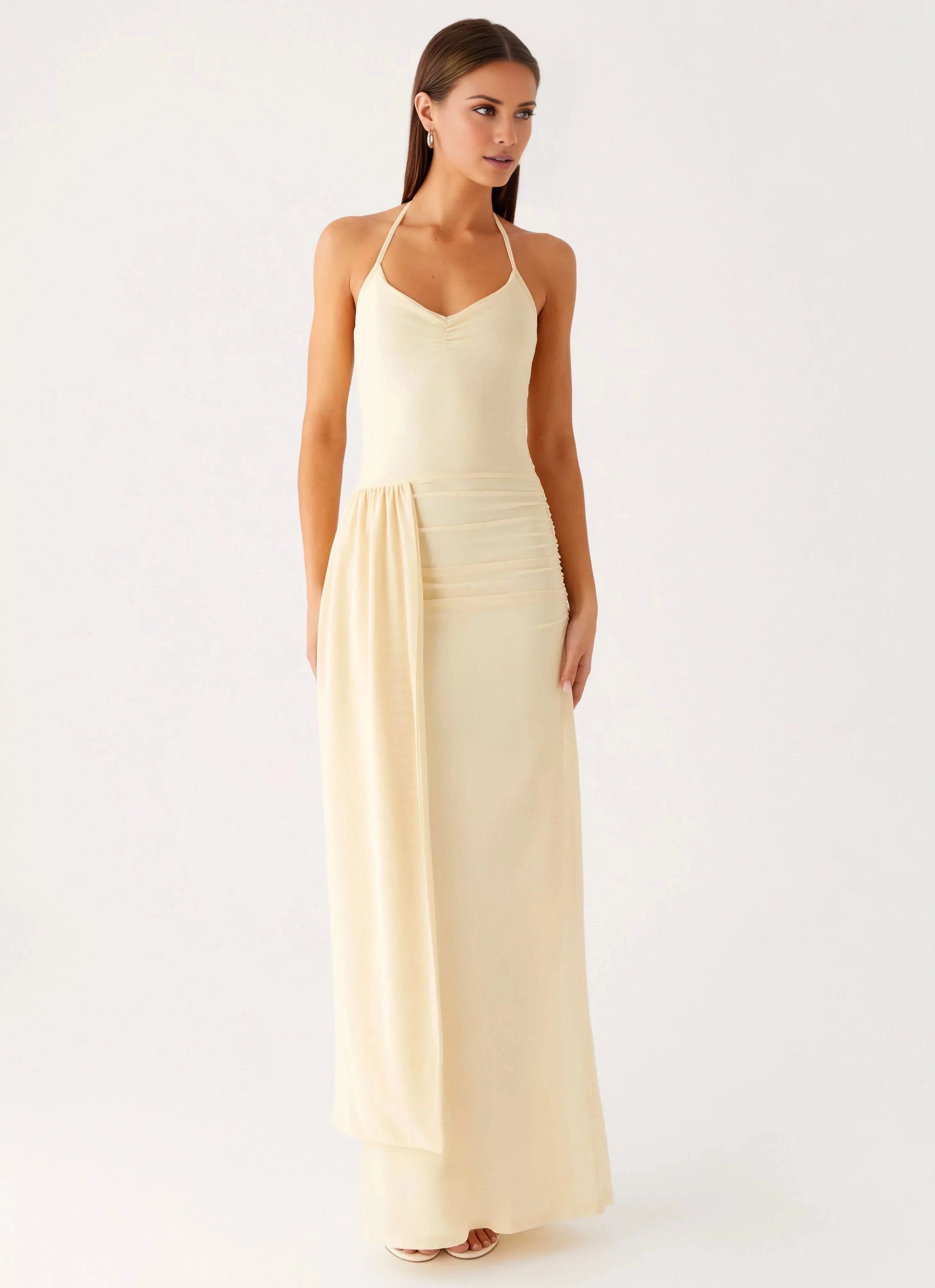 Streamlined Sheath Halter Neck Lace Up Ruched Overlay Floor-Length Prom Dress by YiHuiw
