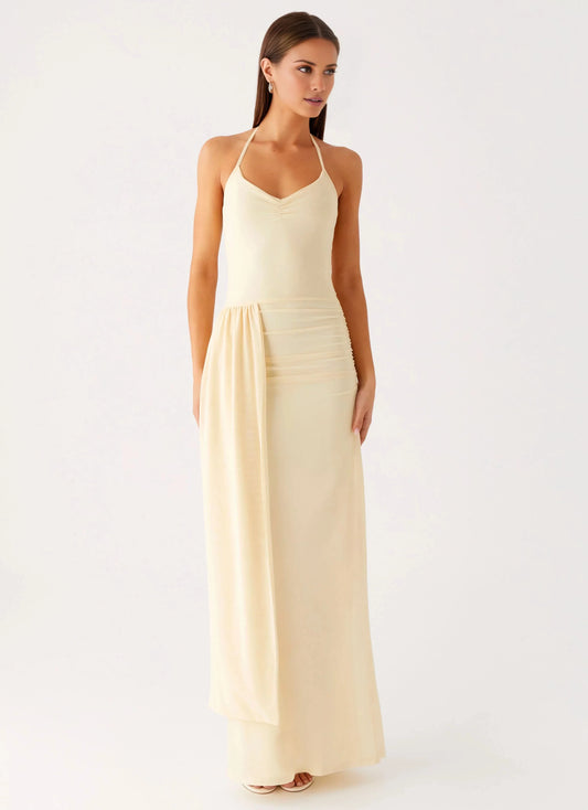 Streamlined Sheath Halter Neck Lace Up Ruched Overlay Floor-Length Prom Dress by YiHuiw