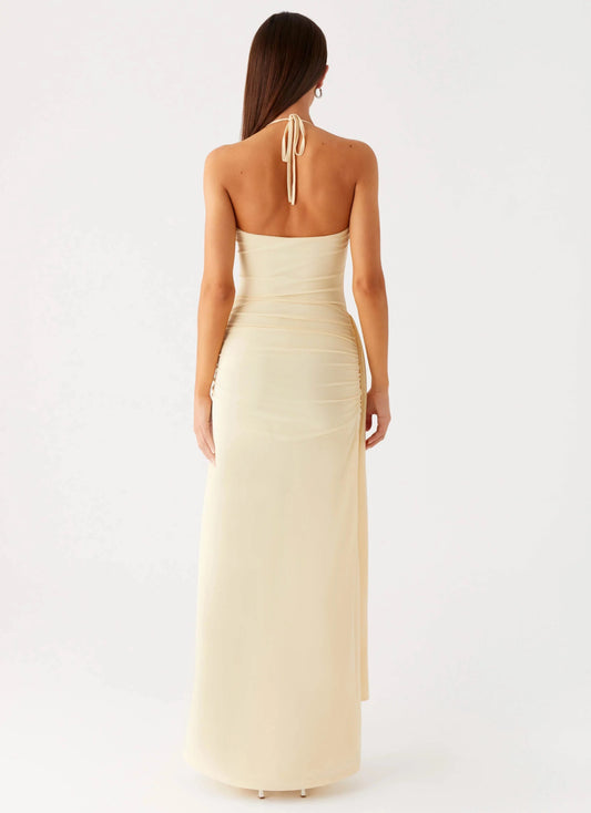 Streamlined Sheath Halter Neck Lace Up Ruched Overlay Floor-Length Prom Dress by YiHuiw