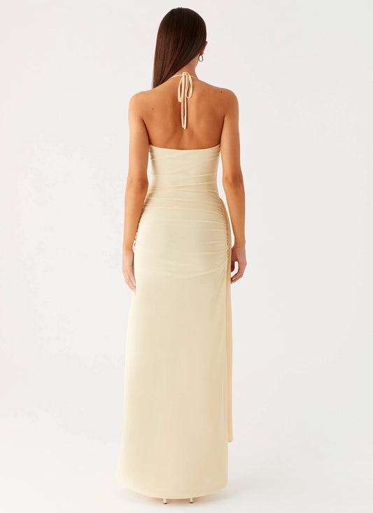 Streamlined Sheath Halter Neck Lace Up Ruched Overlay Floor-Length Prom Dress