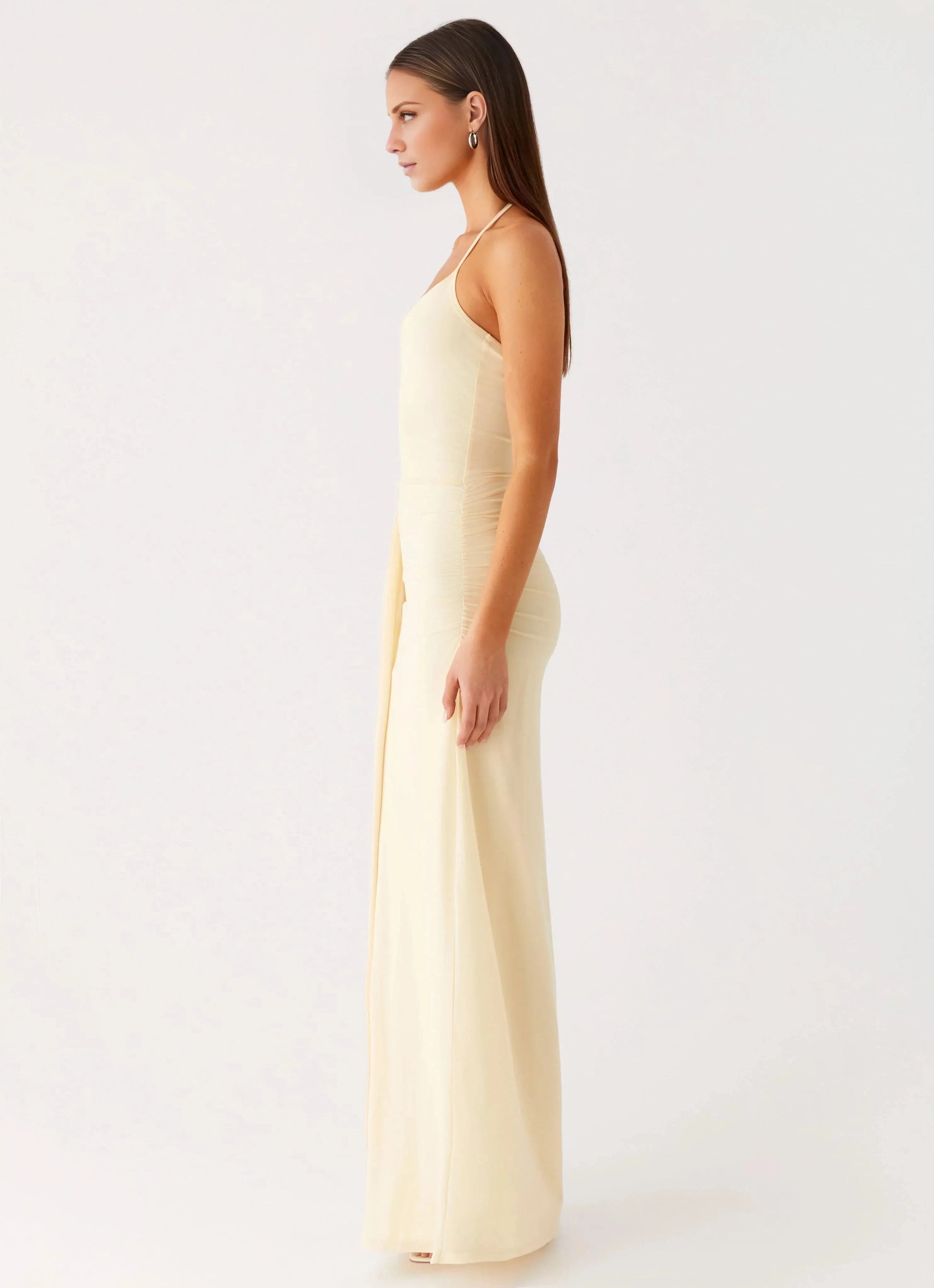 Streamlined Sheath Halter Neck Lace Up Ruched Overlay Floor-Length Prom Dress by YiHuiw