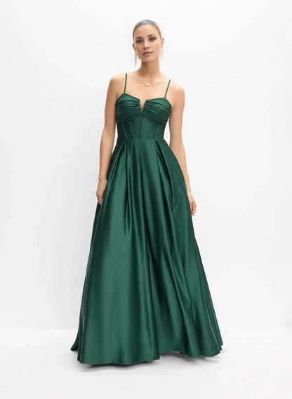 Streamlined Sweetheart Neck Sleeveless Spaghetti Strap Lace-Up Back A-Line Satin Floor-Length Evening Dress by YiHuiw