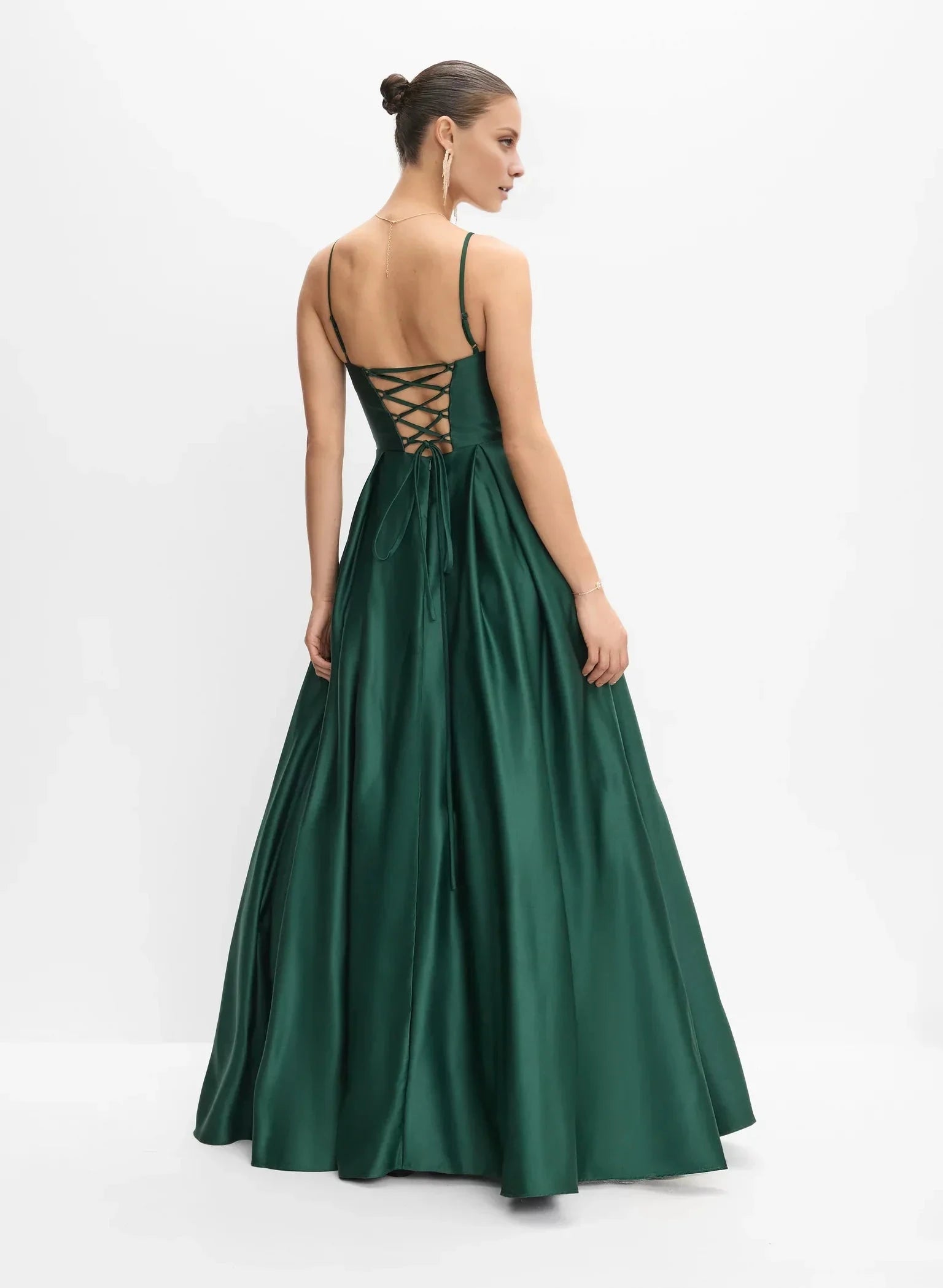 Streamlined Sweetheart Neck Sleeveless Spaghetti Strap Lace-Up Back A-Line Satin Floor-Length Evening Dress by YiHuiw