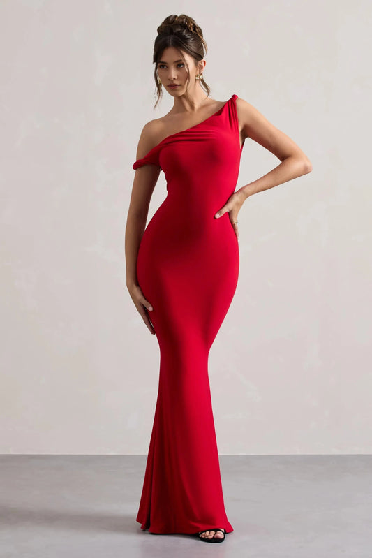 Striking Mermaid One Shoulder Draped Accent Sleeveless Floor Length Prom Dress by YiHuiw