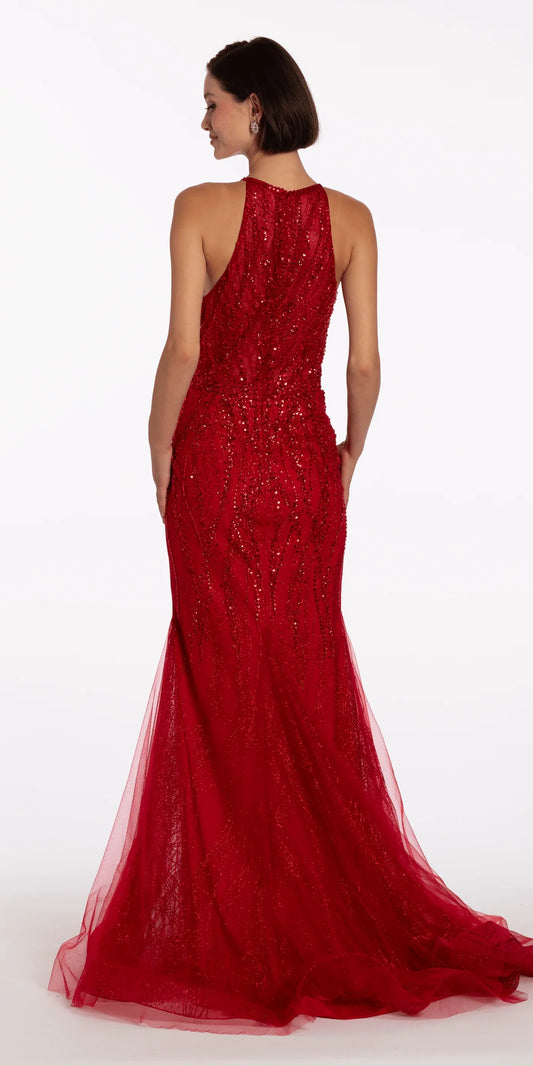 Striking halter neck beaded evening Dress with keyhole detail, mermaid skirt and train