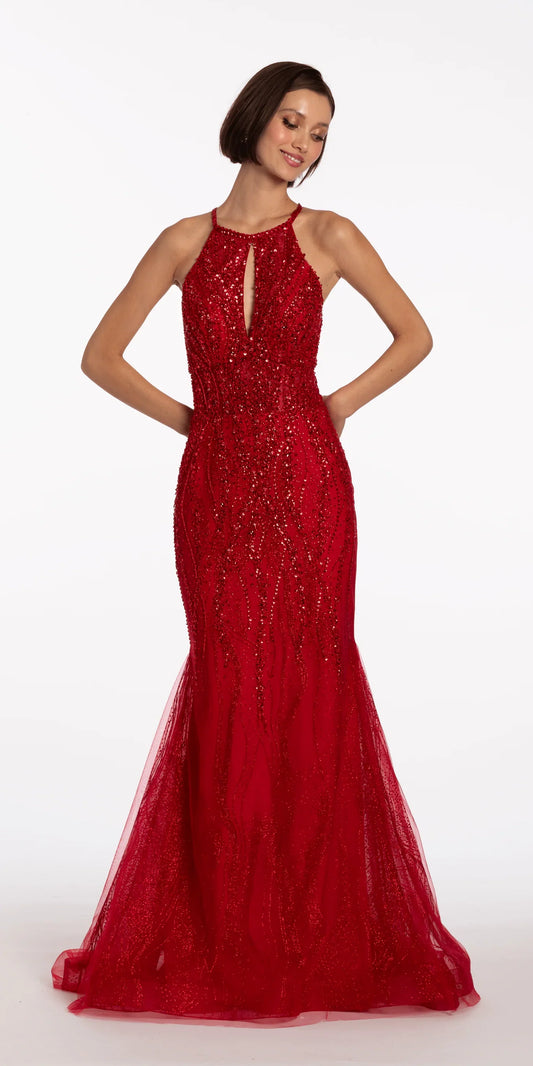 Striking halter neck beaded evening Dress with keyhole detail, mermaid skirt and train