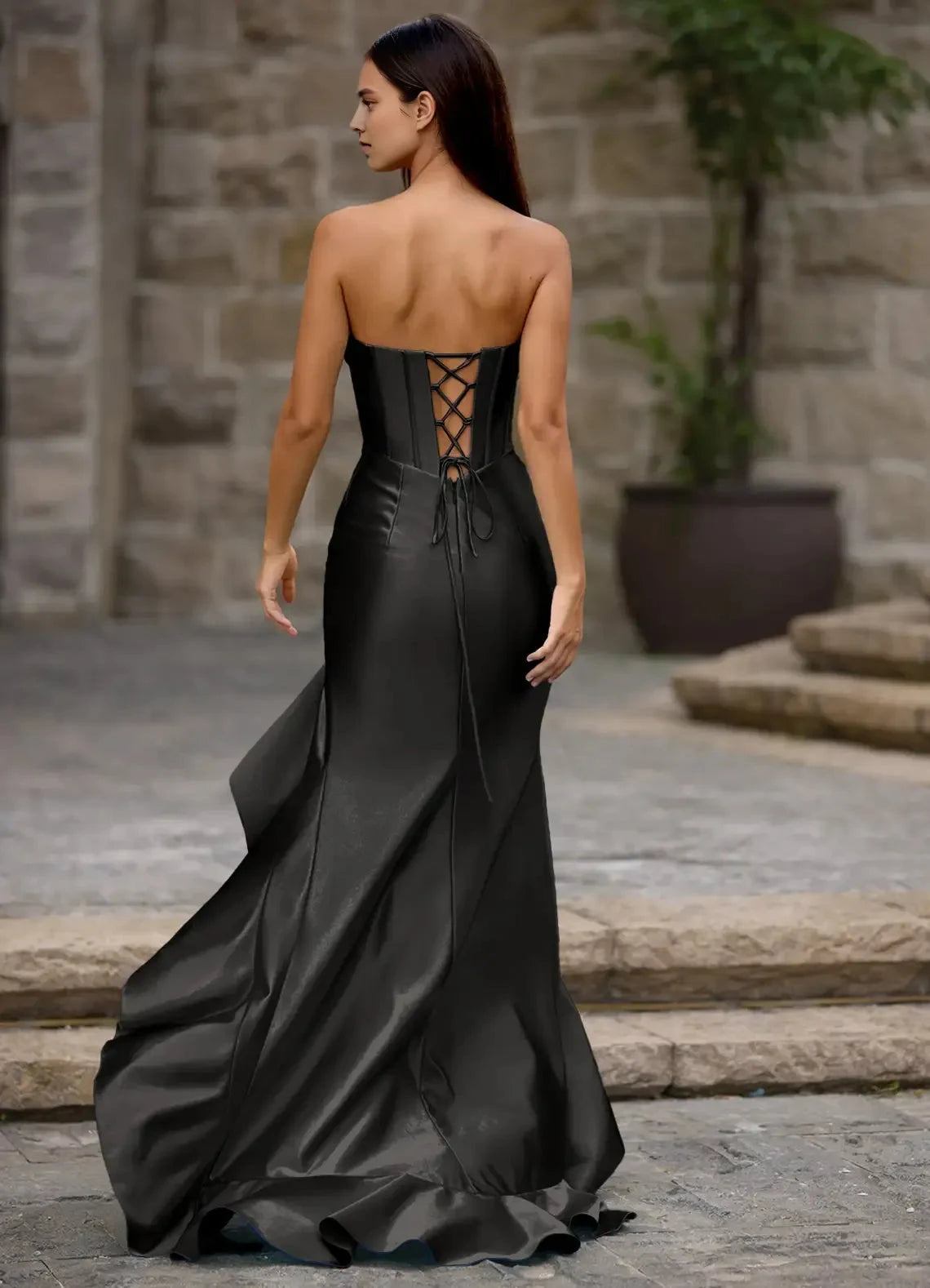 Structured Mermaid Sweetheart Neck Strapless Crisscross Lace Up Back Ruffled High Slit Floor Length For Ladies Evening Dress by YiHuiw