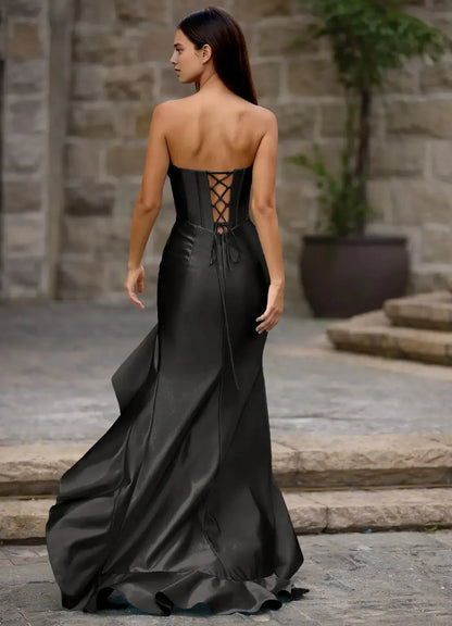 Structured Mermaid Sweetheart Neck Strapless Crisscross Lace Up Back Ruffled High Slit Floor Length For Ladies Evening Dress by YiHuiw