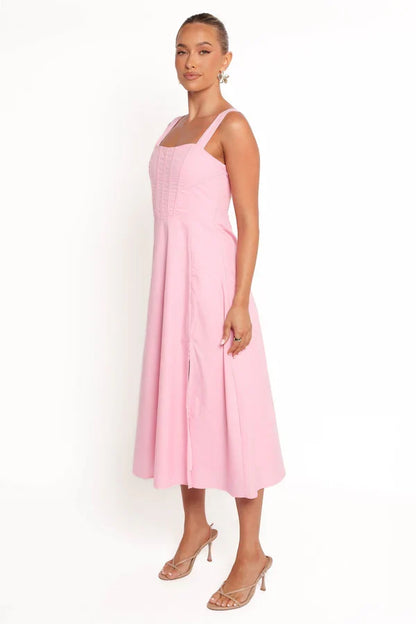 Square Neck Lace-Up Back High Slit Midi Wedding Dress - Yihuiw by Yihuiw
