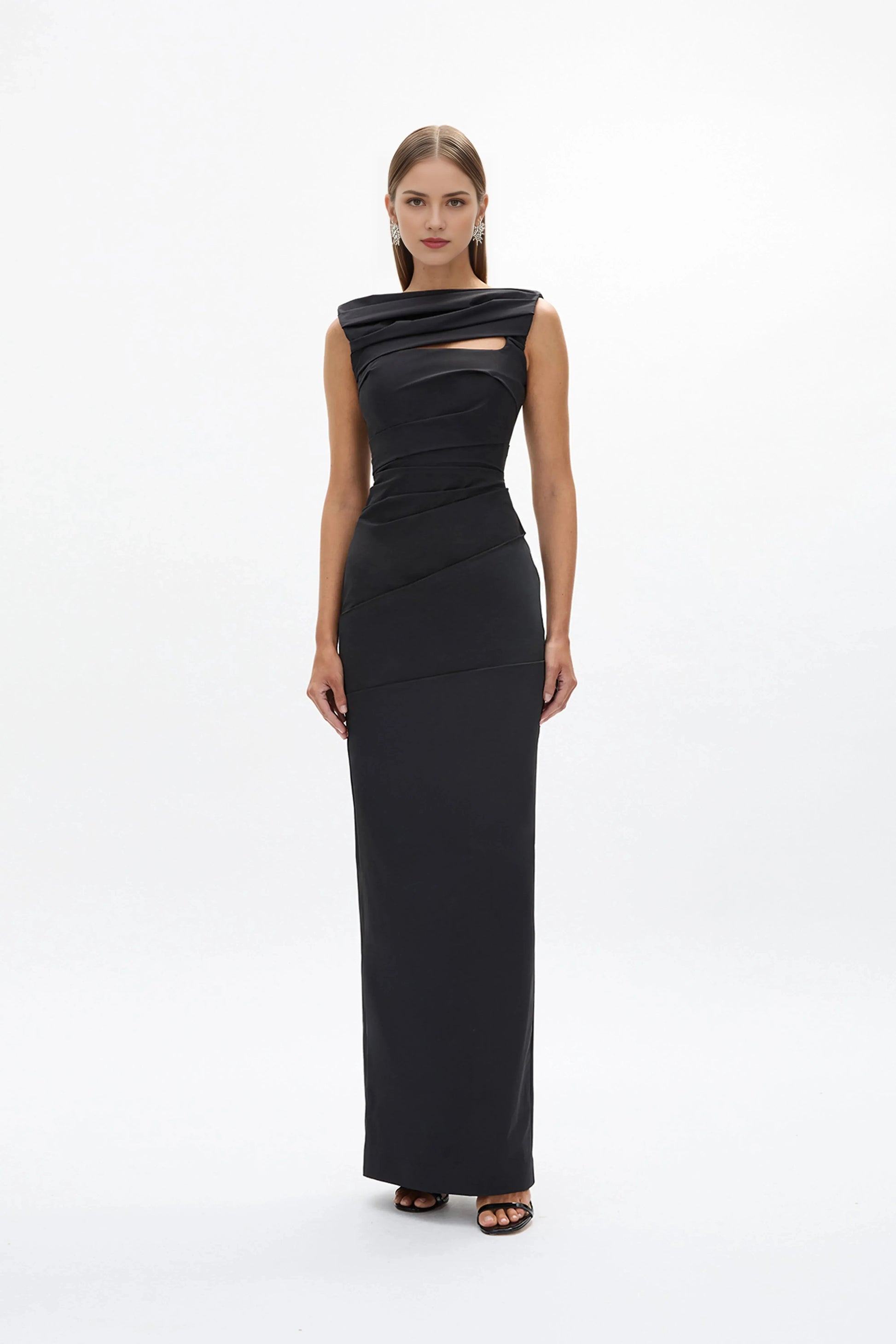 Structured Sheath Cowl Neck Sleeveless Zipper Back Cutout Floor Length Hot sale Evening Dress by YiHuiw
