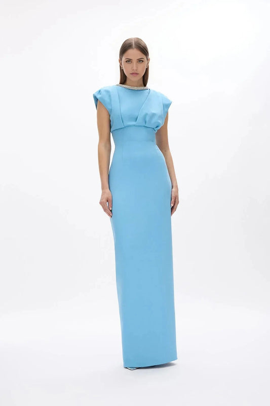Structured Sheath Crew Neck Cap Sleeve Zipper Back High Slit Floor Length Hot sale Prom Dress by YiHuiw