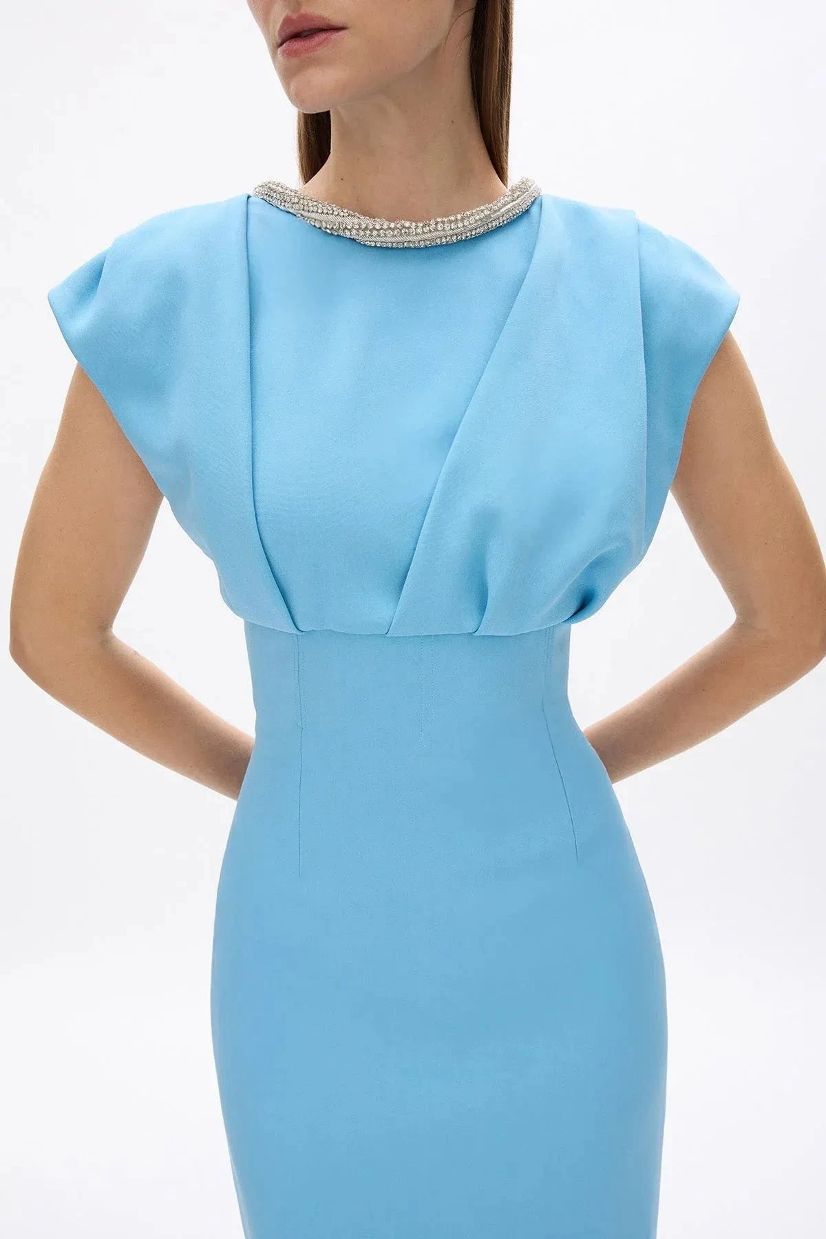 Structured Sheath Crew Neck Cap Sleeve Zipper Back High Slit Floor Length Hot sale Prom Dress by YiHuiw