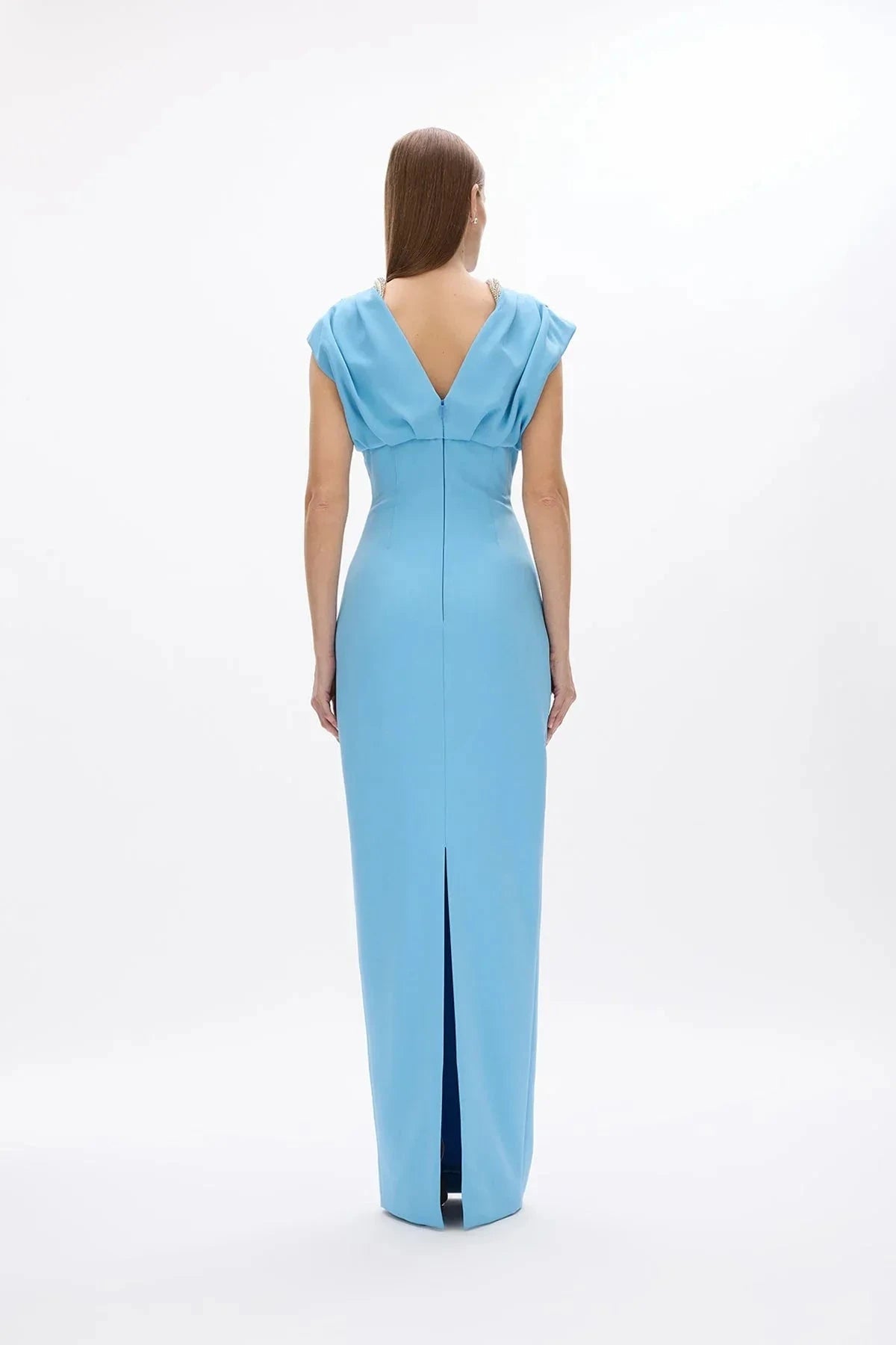 Structured Sheath Crew Neck Cap Sleeve Zipper Back High Slit Floor Length Hot sale Prom Dress by YiHuiw