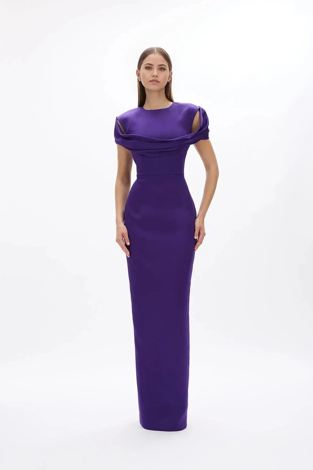 Structured Sheath Crew Neck Draped Sleeve Zipper Back High Slit Floor Length Hot sale Prom Dress by YiHuiw